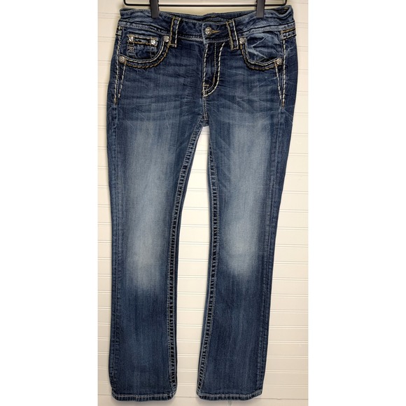 Miss Me Denim - Miss Me Y2K Grunge Rhinestone Flap Pocket Bootcut Jeans Blue Denim Size 30